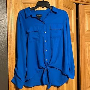 Classic and stylish- Blue blouse with gold tone buttons, tie front.